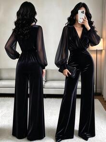 Elenzga Women's Fashion New Black Velvet Collar Mesh Sleeve Design Commute Party Banquet Elegant Intellectual Jumpsuit - Black - View 4