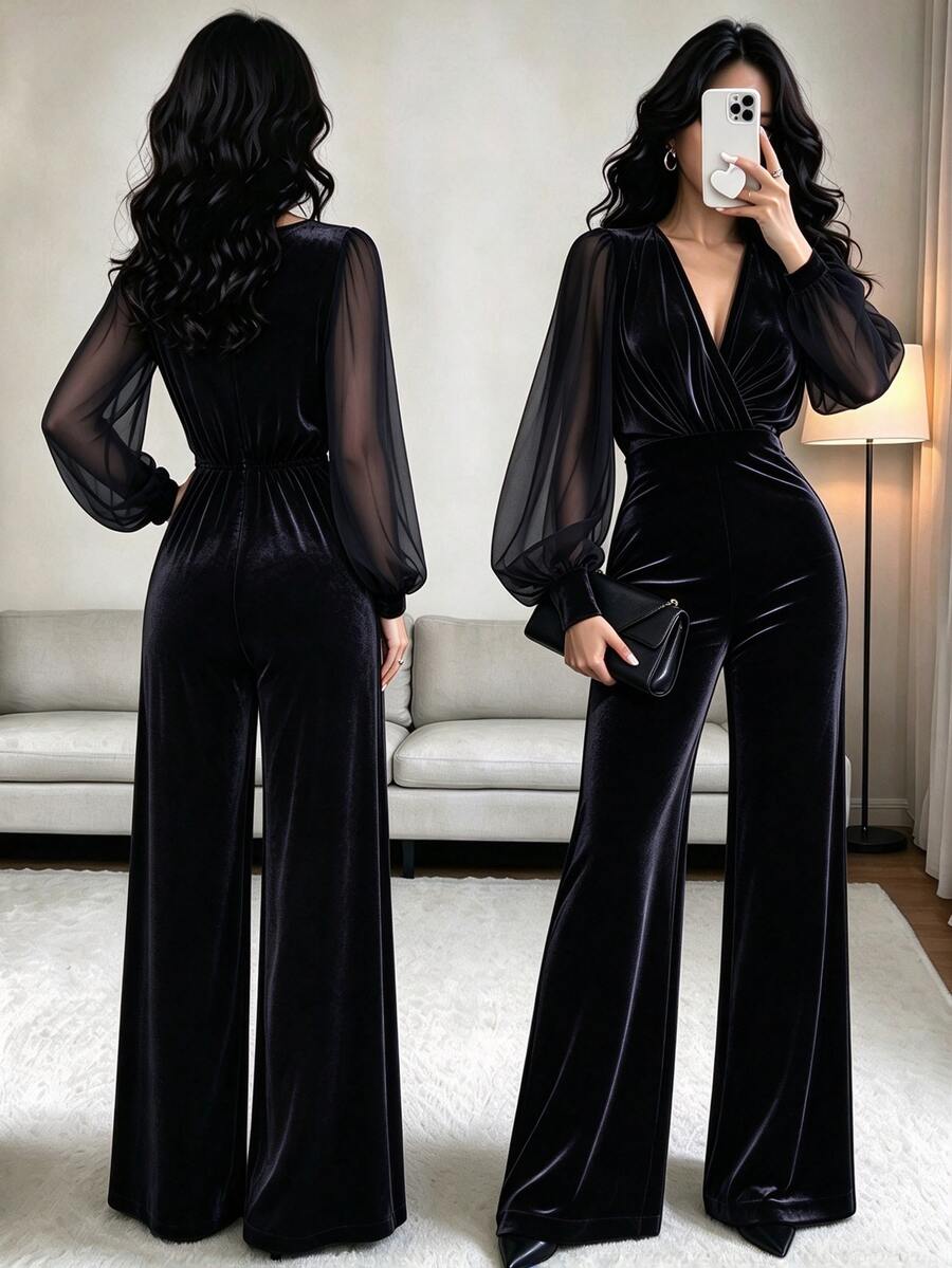 Elenzga Women's Fashion New Black Velvet Collar Mesh Sleeve Design ...