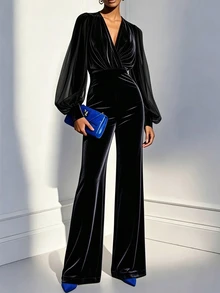 Elenzga Women's Fashion New Black Velvet Collar Mesh Sleeve Design Commute Party Banquet Elegant Intellectual Jumpsuit - Black - View 6