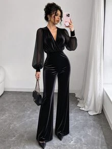 Elenzga Women's Fashion New Black Velvet Collar Mesh Sleeve Design ...