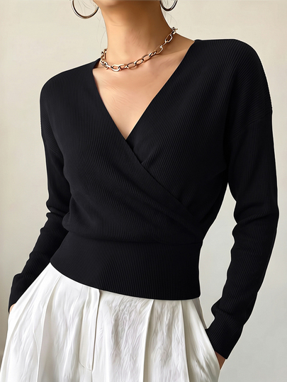 RosyDaze Kaos Wanita, Desain Silang Depan Elegan, Kain Lembut dan Nyaman, Atasan Warna Kopi, Leher V Lengan Panjang dengan Desain yang Mengencangkan Pinggang