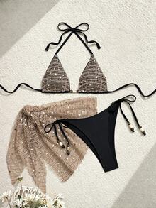 SHEIN Swim 3件套新款吊带比基尼，珠饰亮片装饰，天然质感面料，系带泳裤和迷你裙性感泳装套装，适合海滩度假享受阳光，春夏皆宜。 - 黑色 - 查看 1