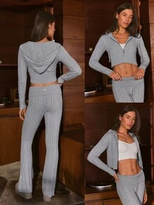 GLOWMODE Soft Girl Collection Touch Of Cozy Cable Knit Hoodie With One-Way Zipper Daily Casual Fall Winter Wear - Grey - View 9