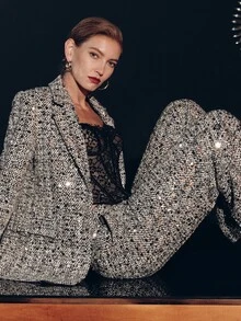 MOTF PREMIUM SILVER GREY SINGLE BUTTON SEQUIN WOMEN'S BLAZER - Silver - View 12