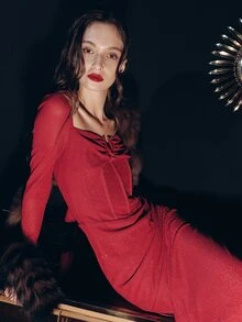 MOTF PREMIUM WOMEN'S SOLID COLOR SPLIT DESIGN CASUAL PARTY LONG DRESS - Red - View 11