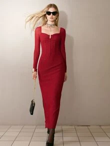 MOTF PREMIUM WOMEN'S SOLID COLOR SPLIT DESIGN CASUAL PARTY LONG DRESS - Red - View 6