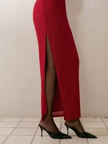 MOTF PREMIUM WOMEN'S SOLID COLOR SPLIT DESIGN CASUAL PARTY LONG DRESS - Red - View 5