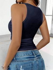 SHEIN Sexy Fitted Knit Sports Camisole Tank Top - Navy Blue - View 2