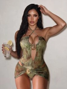 SHEIN Swim Spring/Summer Sexy Random Print Beaded Metal Decor High Cut One-Piece Swimsuit For Women, Suitable For Beach & Swimming - Multicolor - View 6