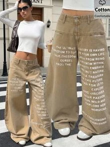 Muchica Women's Casual Everyday Denim Jeans With Pocket, Button And Slogan Graphic - Khaki - View 1