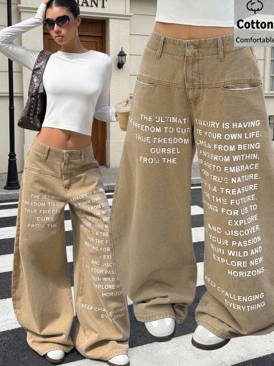 Muchica Women's Casual Everyday Denim Jeans With Pocket, Button And Slogan Graphic - Khaki - View 1