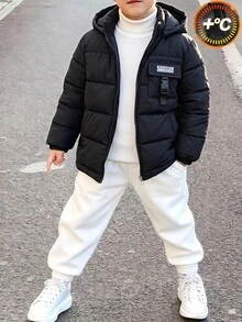 Tween Boy Black Hooded Winter Coat With Buckle Decor And Cargo Pockets, Suitable For Daily Wear And Back To School - Black - View 1