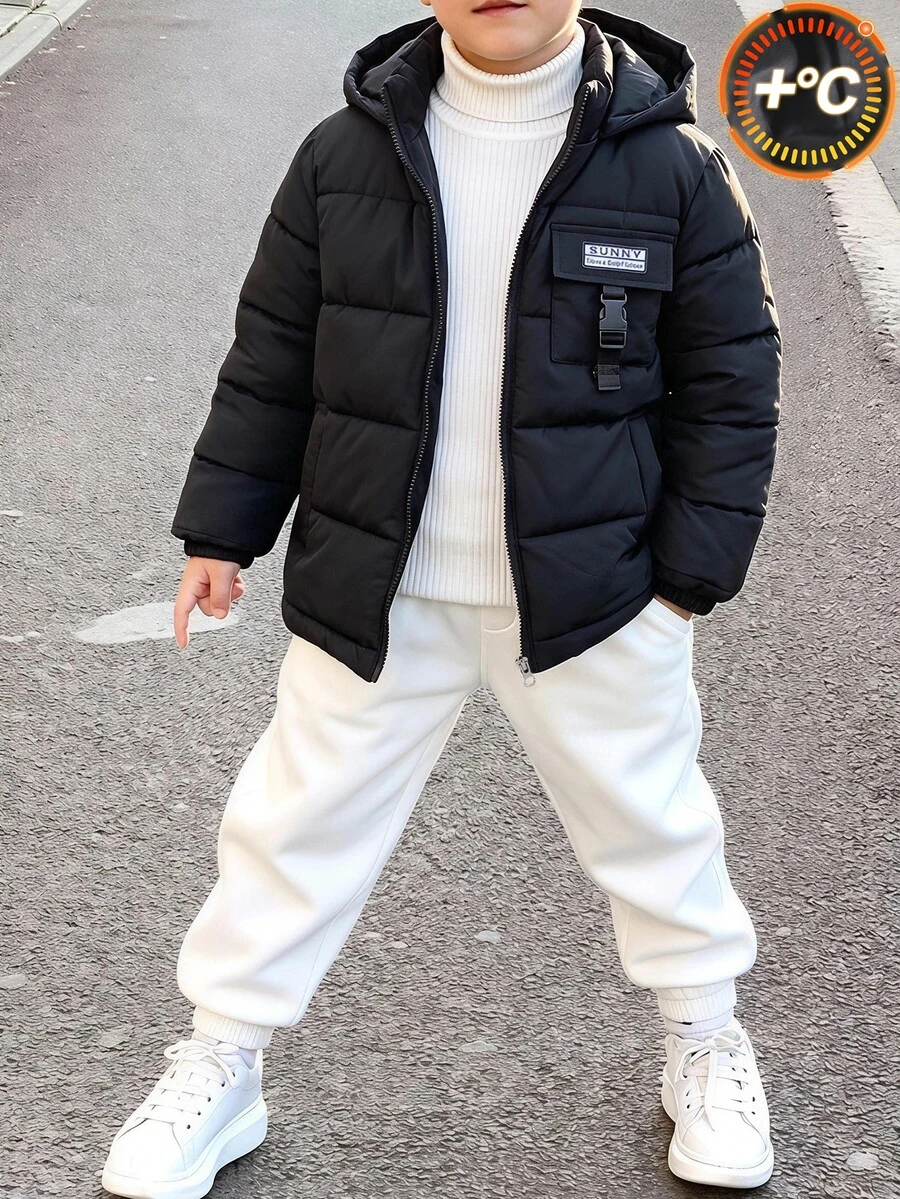 Tween Boy Black Hooded Winter Coat With Buckle Decor And Cargo Pockets, Suitable For Daily Wear And Back To School - Black - View 1