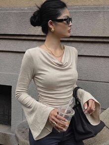 DAZY Women's Slim Fit Solid Color Draped Neck T-Shirt, Autumn Long Sleeve - Apricot - View 4
