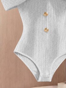 SHEIN 極簡純色圓領百褶裝飾鈕扣開襟無袖修身顯瘦女款連身衣，適合海灘、早午餐、外出穿搭的夏季套裝 - 灰色 - 查看 6