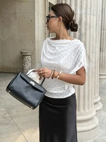Ritzy Row New Asymmetrical Polka Dot Print Top - White - View 6