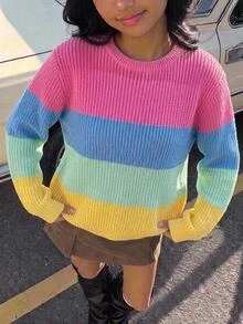 SHEIN Teen Girls Sweaters Round Neck Knit Pullover Pink Preppy Cute Y2k Style Design All-Match Versatile Casual Fall Sixth Form Prom Grad - Multicolor - View 2