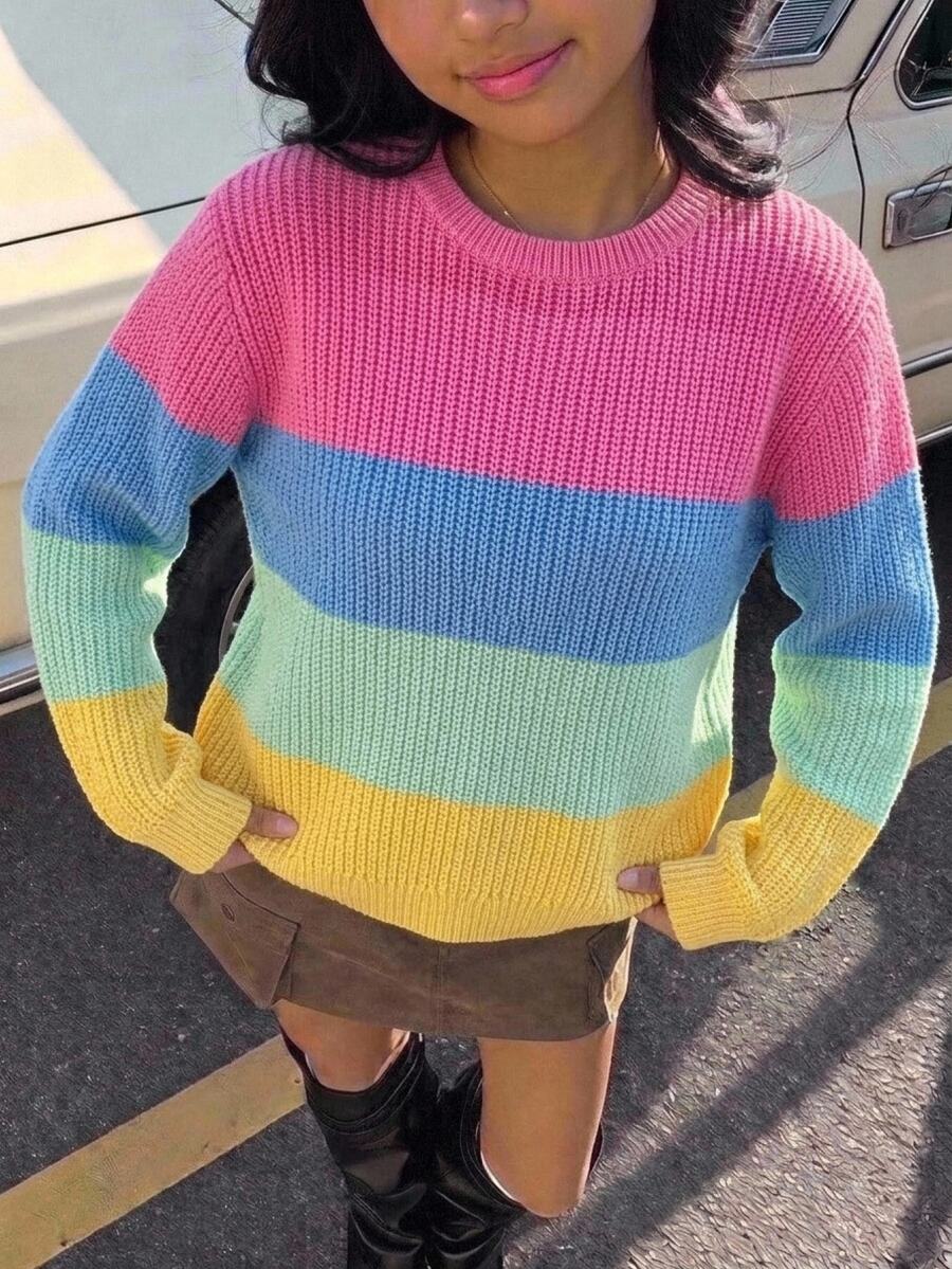 SHEIN Teen Girls Sweaters Round Neck Knit Pullover Pink Preppy Cute Y2k Style Design All-Match Versatile Casual Fall Sixth Form Prom Grad