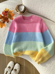 SHEIN Teen Girls Sweaters Round Neck Knit Pullover Pink Preppy Cute Y2k Style Design All-Match Versatile Casual Fall Sixth Form Prom Grad - Multicolor - View 8