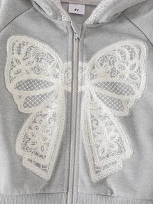 SHEIN 女童 2 件套秋季長袖套裝，蕾絲蝴蝶拉鍊連帽外套 + 側條紋寬腿長褲，柔軟休閒服飾，聖誕派對 - 灰色 - 查看 8
