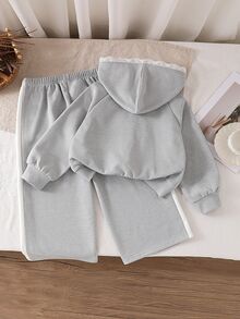 SHEIN 女童 2 件套秋季長袖套裝，蕾絲蝴蝶拉鍊連帽外套 + 側條紋寬腿長褲，柔軟休閒服飾，聖誕派對 - 灰色 - 查看 3