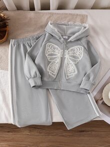 SHEIN 女童 2 件套秋季長袖套裝，蕾絲蝴蝶拉鍊連帽外套 + 側條紋寬腿長褲，柔軟休閒服飾，聖誕派對 - 灰色 - 查看 4