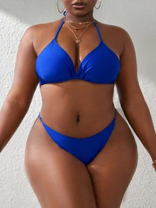 Slaydiva Conjunto de bikini sólido de talla grande para mujeres con cuello de halter para el verano en la playa y con cubierta - azul real - Ver 3
