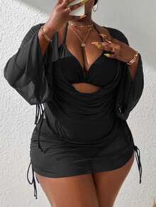 Slaydiva Plus Size Separated 4-Piece Swimwear, Summer Beach Swimwear - Black - View 1