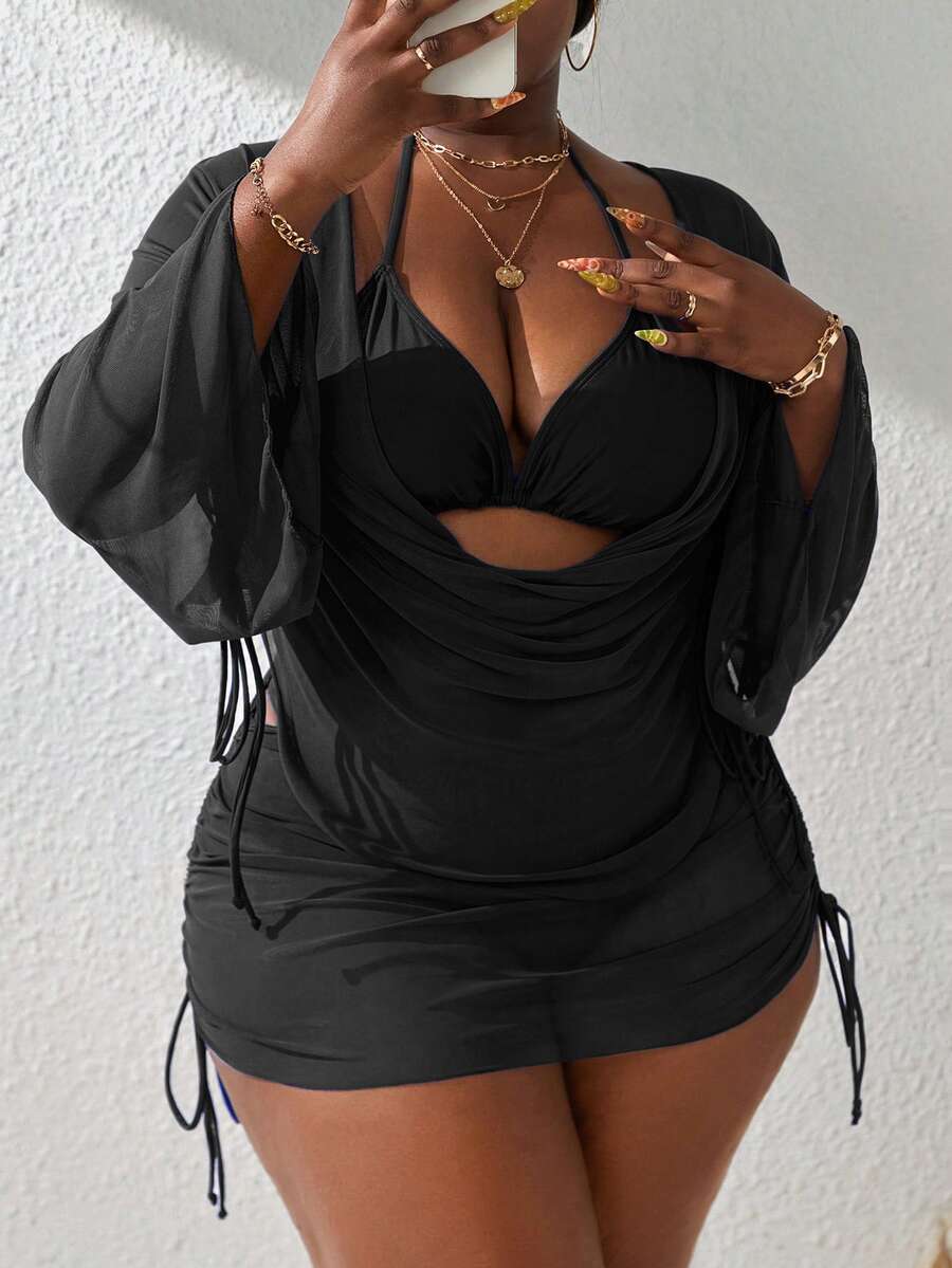 Slaydiva Plus Size Separated 4-Piece Swimwear, Summer Beach Swimwear - Black - View 1