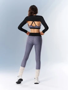 VARSIVA Women's Solid Color Long Sleeve Cropped Top, Polka Dot Print Bra And Leggings Sports Set - Multicolor - View 10