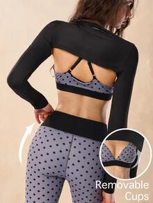 VARSIVA Women's Solid Color Long Sleeve Cropped Top, Polka Dot Print Bra And Leggings Sports Set - Multicolor - View 2