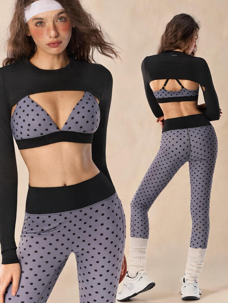 VARSIVA Women's Solid Color Long Sleeve Cropped Top, Polka Dot Print Bra And Leggings Sports Set - Multicolor - View 1