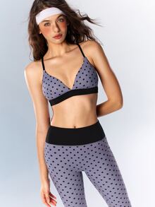 VARSIVA Women's Solid Color Long Sleeve Cropped Top, Polka Dot Print Bra And Leggings Sports Set - Multicolor - View 8
