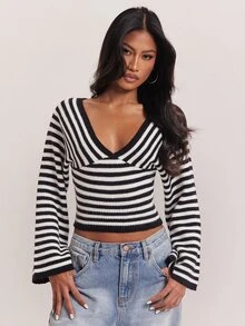 SHEIN BAE Regular Women's Wide Neck Striped Pullover Sweater - Black and White - View 5