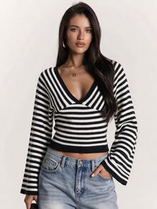 SHEIN BAE Regular Women's Wide Neck Striped Pullover Sweater - Black and White - View 7