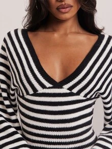 SHEIN BAE Regular Women's Wide Neck Striped Pullover Sweater - Black and White - View 8