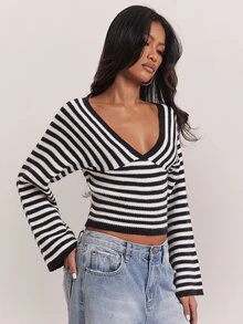 SHEIN BAE Regular Women's Wide Neck Striped Pullover Sweater - Black and White - View 6