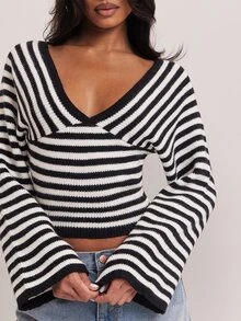 SHEIN BAE Regular Women's Wide Neck Striped Pullover Sweater - Black and White - View 4