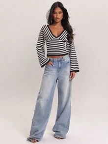 SHEIN BAE Regular Women's Wide Neck Striped Pullover Sweater - Black and White - View 3