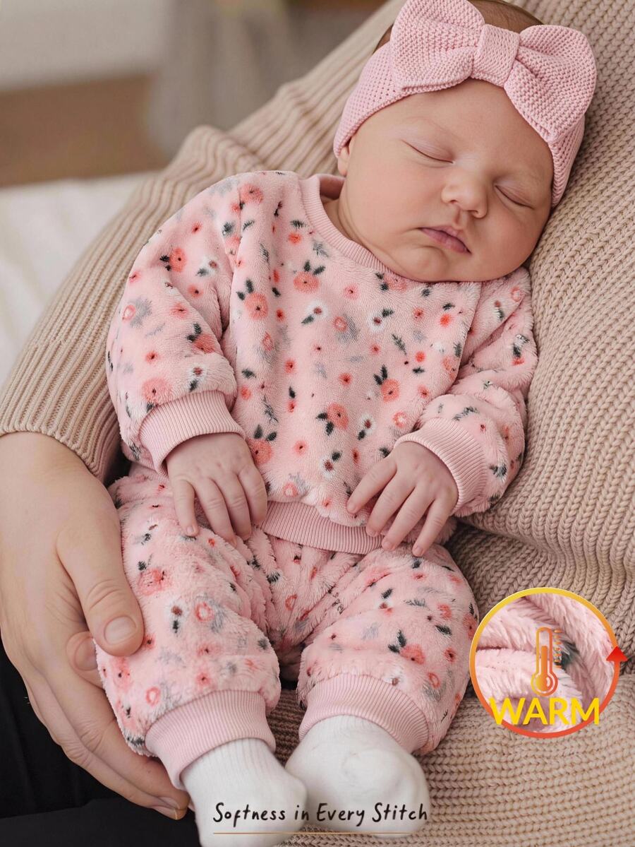 Cozy Pixies طقم شتوي من الفرو الناعم بنقشة زهور للبنات حديثات الولادة، بلوزة بياقة دائرية بقصة فضفاضة وكاجوال بسيطة ومريحة - متعدد الألوان - مشاهدة 1