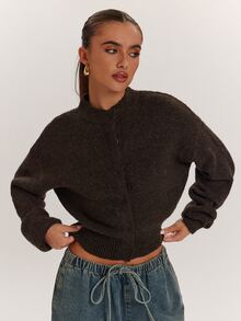SHEIN BAE 秋冬新款復古休閒基礎款小立領隱扣門襟設計蓬鬆柔軟毛茸茸落肩寬鬆長袖女款毛衣 - 巧克力棕 - 查看 6
