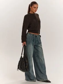 SHEIN BAE 秋冬新款復古休閒基礎款小立領隱扣門襟設計蓬鬆柔軟毛茸茸落肩寬鬆長袖女款毛衣 - 巧克力棕 - 查看 3