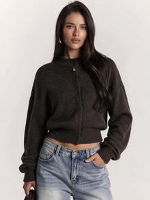 SHEIN BAE 秋冬新款復古休閒基礎款小立領隱扣門襟設計蓬鬆柔軟毛茸茸落肩寬鬆長袖女款毛衣 - 巧克力棕 - 查看 8