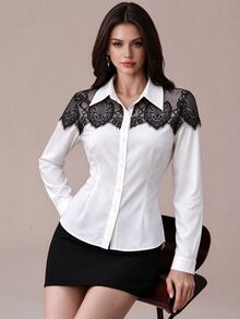 Seusyu Designer Lace Patchwork Long Sleeve Slim Fit Flattering Versatile Unique Women's Daily Commute Blouse - Black and White - View 2