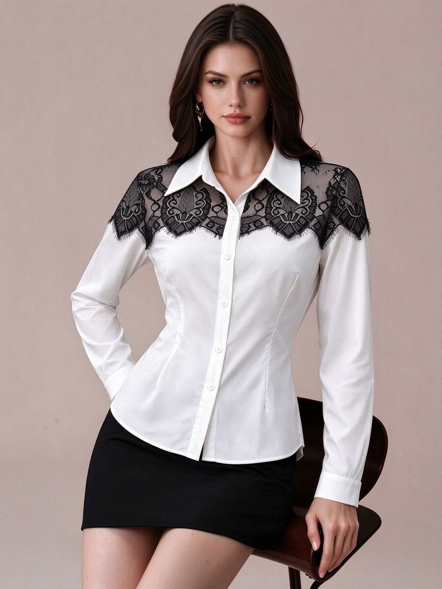 Seusyu Designer Lace Patchwork Long Sleeve Slim Fit Flattering Versatile Unique Women's Daily Commute Blouse