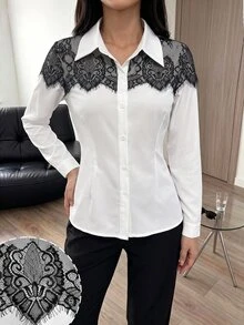 Seusyu Designer Lace Patchwork Long Sleeve Slim Fit Flattering Versatile Unique Women's Daily Commute Blouse - Black and White - View 3