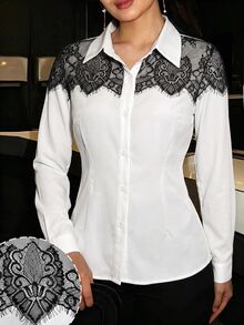 Seusyu Designer Lace Patchwork Long Sleeve Slim Fit Flattering Versatile Unique Women's Daily Commute Blouse - Black and White - View 6
