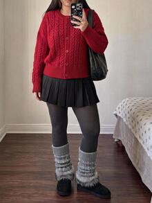 Comfortcana Plus Size Elegant Fashion Cable Knit Button Cardigan Christmas - Red - View 7