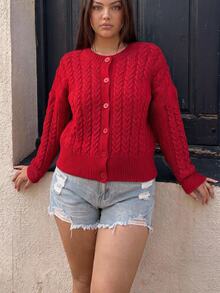 Comfortcana Plus Size Elegant Fashion Cable Knit Button Cardigan Christmas - Red - View 1