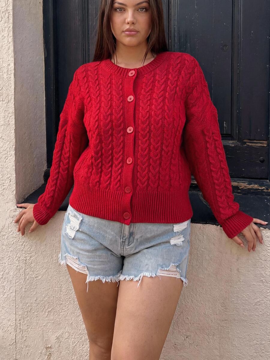 Comfortcana Plus Size Elegant Fashion Cable Knit Button Cardigan Christmas - Red - View 1